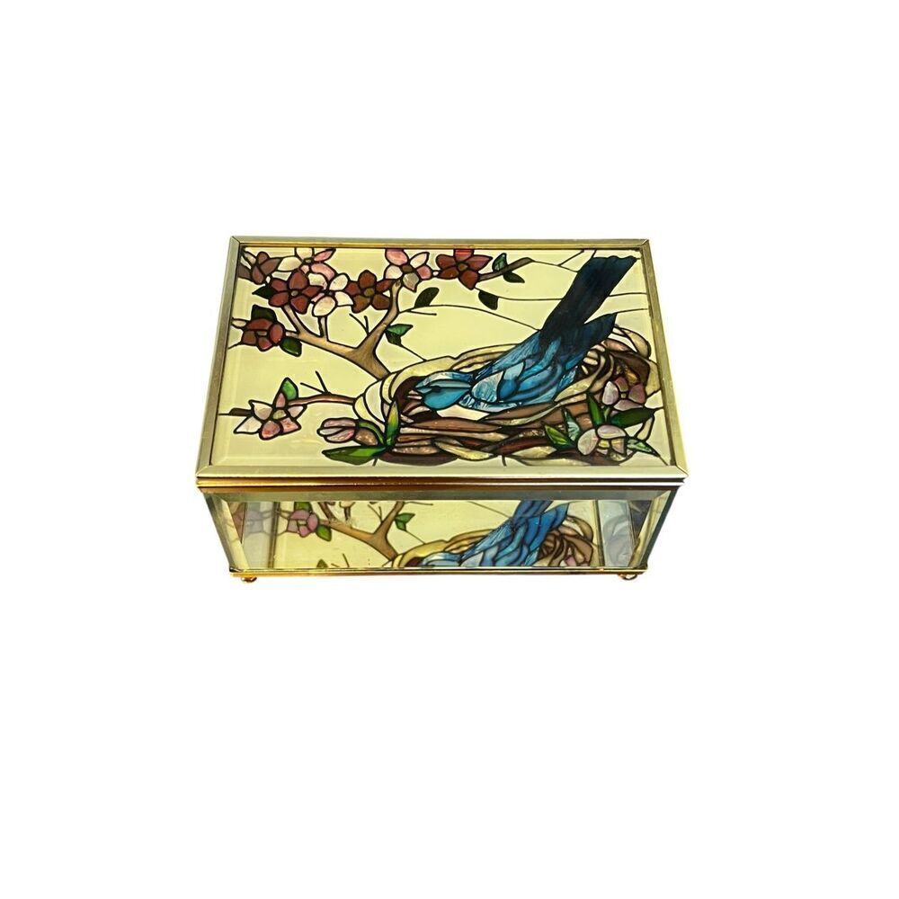 Joan Baker Designs vintage Stain Glass blue jay Hand Painted Trinket Box jewelry